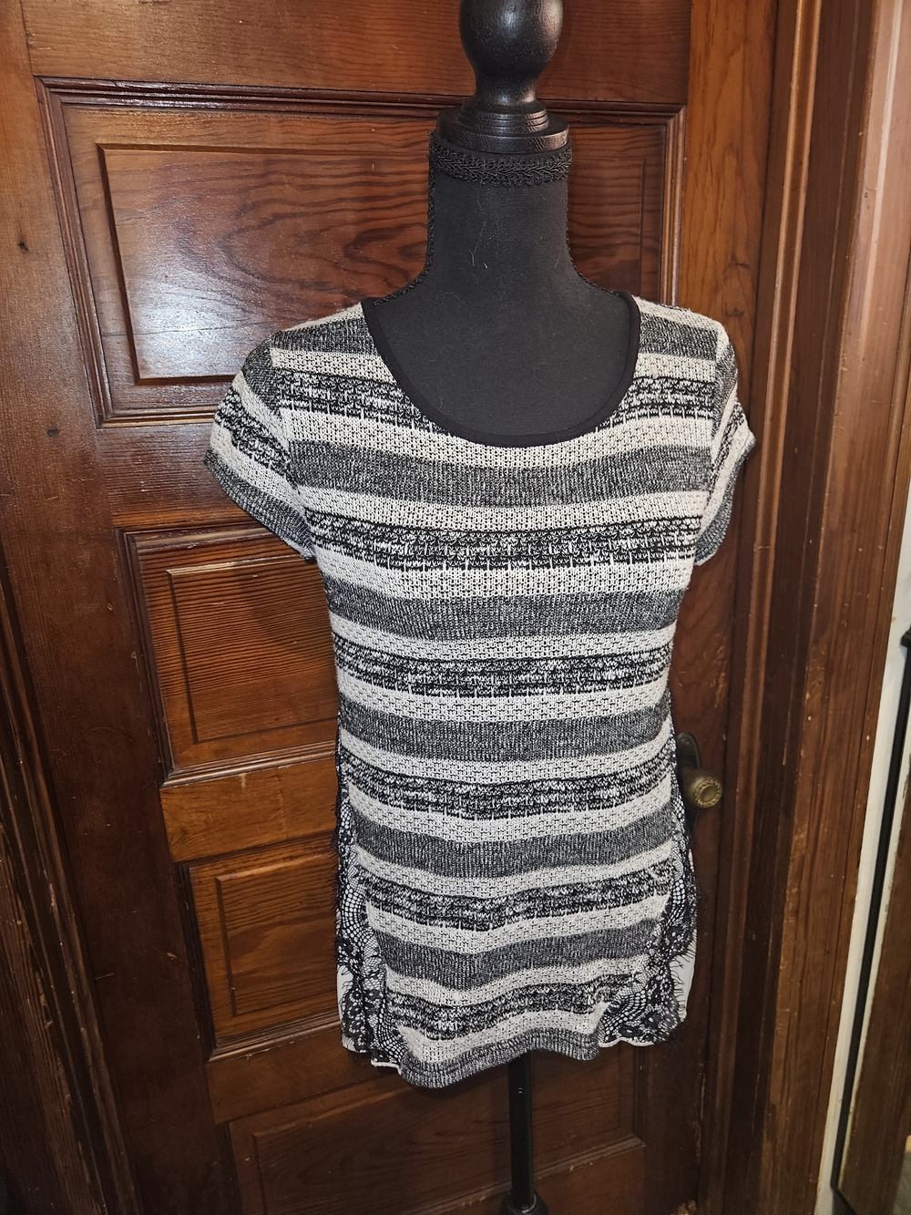 A. Byer Black & White Striped Knit Tunic with Lace Panels